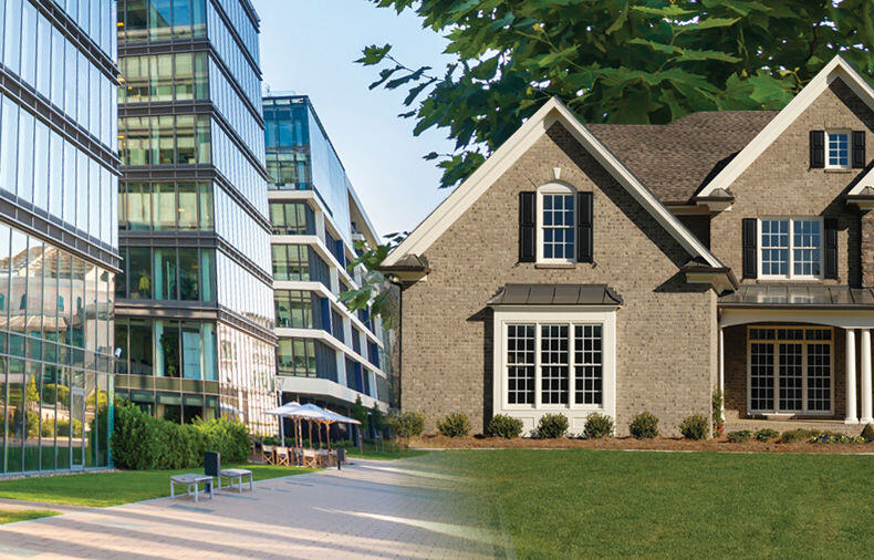 Image showing a commercial building on the left and a residential building on the right
